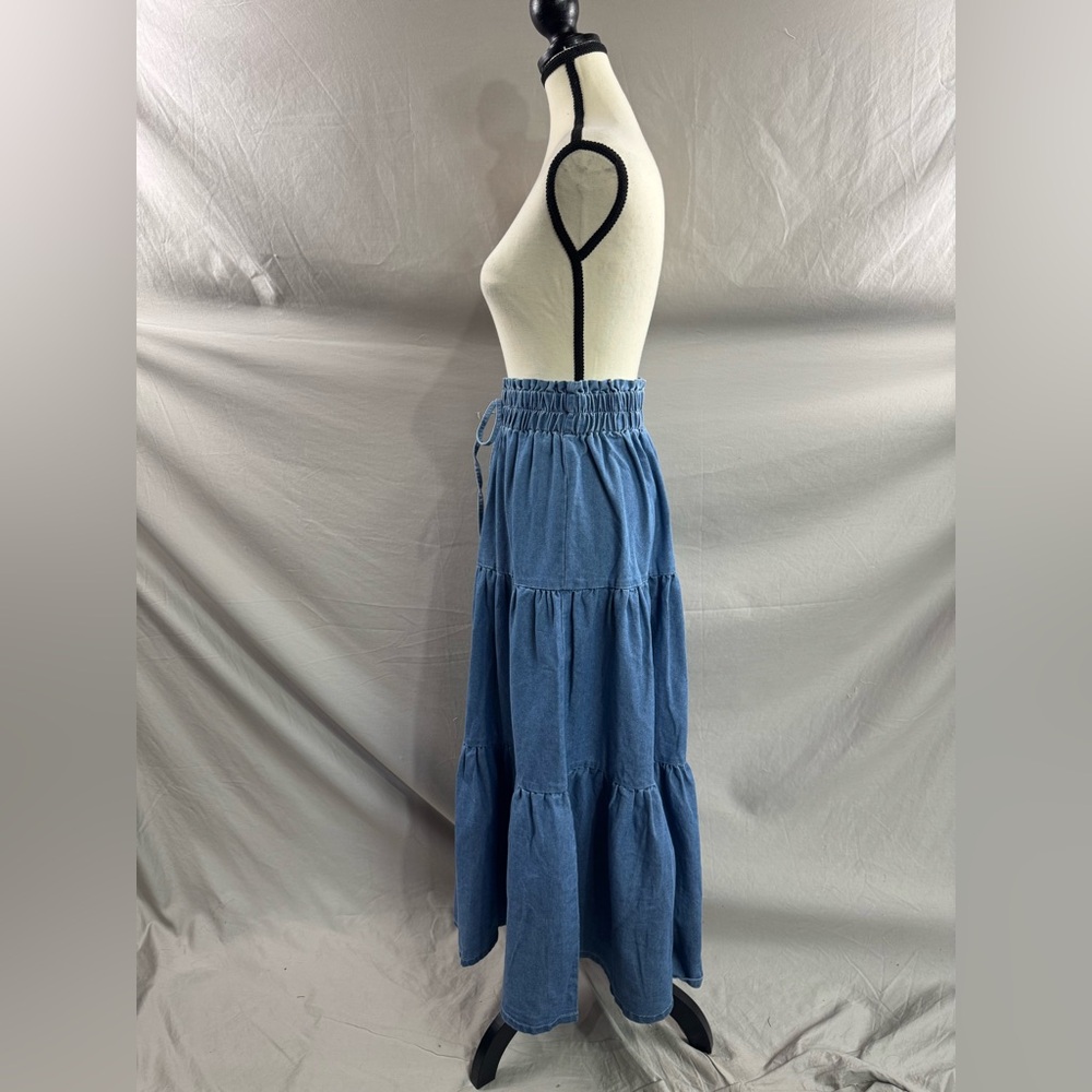 Boho Ruffle Hem Shirred Waist Denim Midi Skirt - Picture 8 of 9